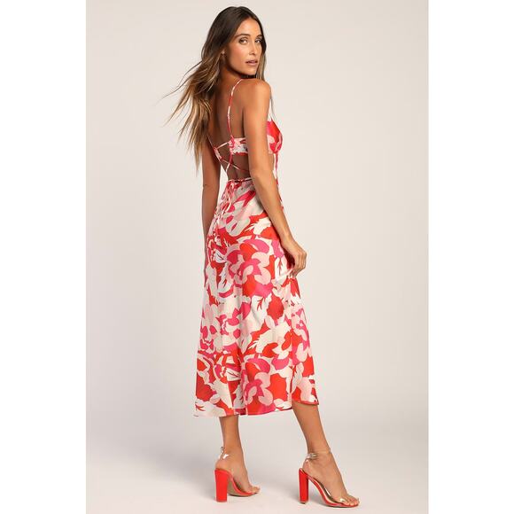 Lulu’s Front Page Hues Coral Multi Floral Print Satin Midi Dress Size Medium - Picture 2 of 6